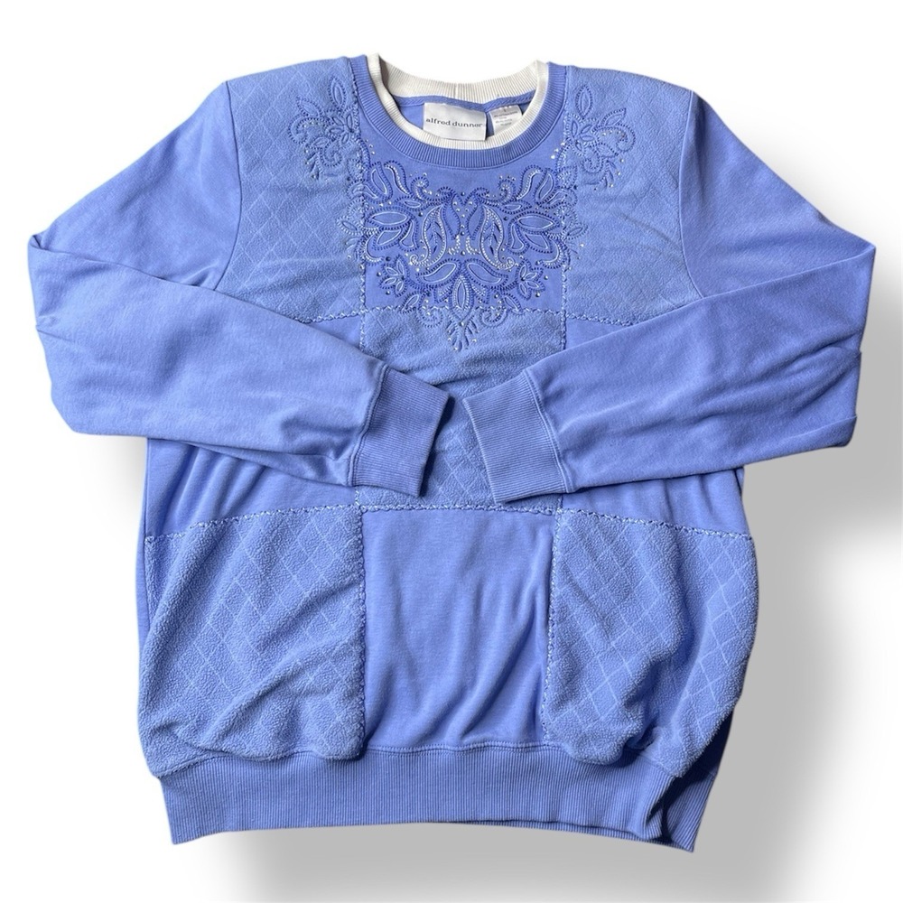 Alfred Dunner Sweater Embroidered Rhinestone Blue Square Stitch VTG Womens Small